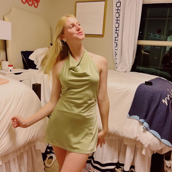 LE LIS Satin Sage Green Cocktail Hour Halter Dress - Picture 2 of 9